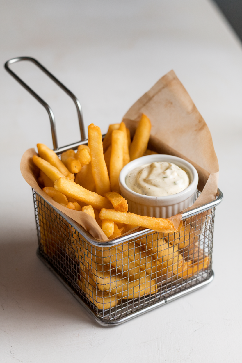 A metal indoor basket lined with parchment, filled with golden polenta fries and a small ramekin of creamy garlic aioli. No text or logos visible.