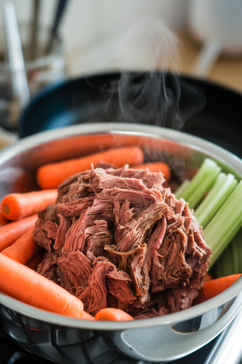 A shallow indoor bowl of shredded pot roast surrounded by carrots and celery, steam visible. Photo, no text or logos.