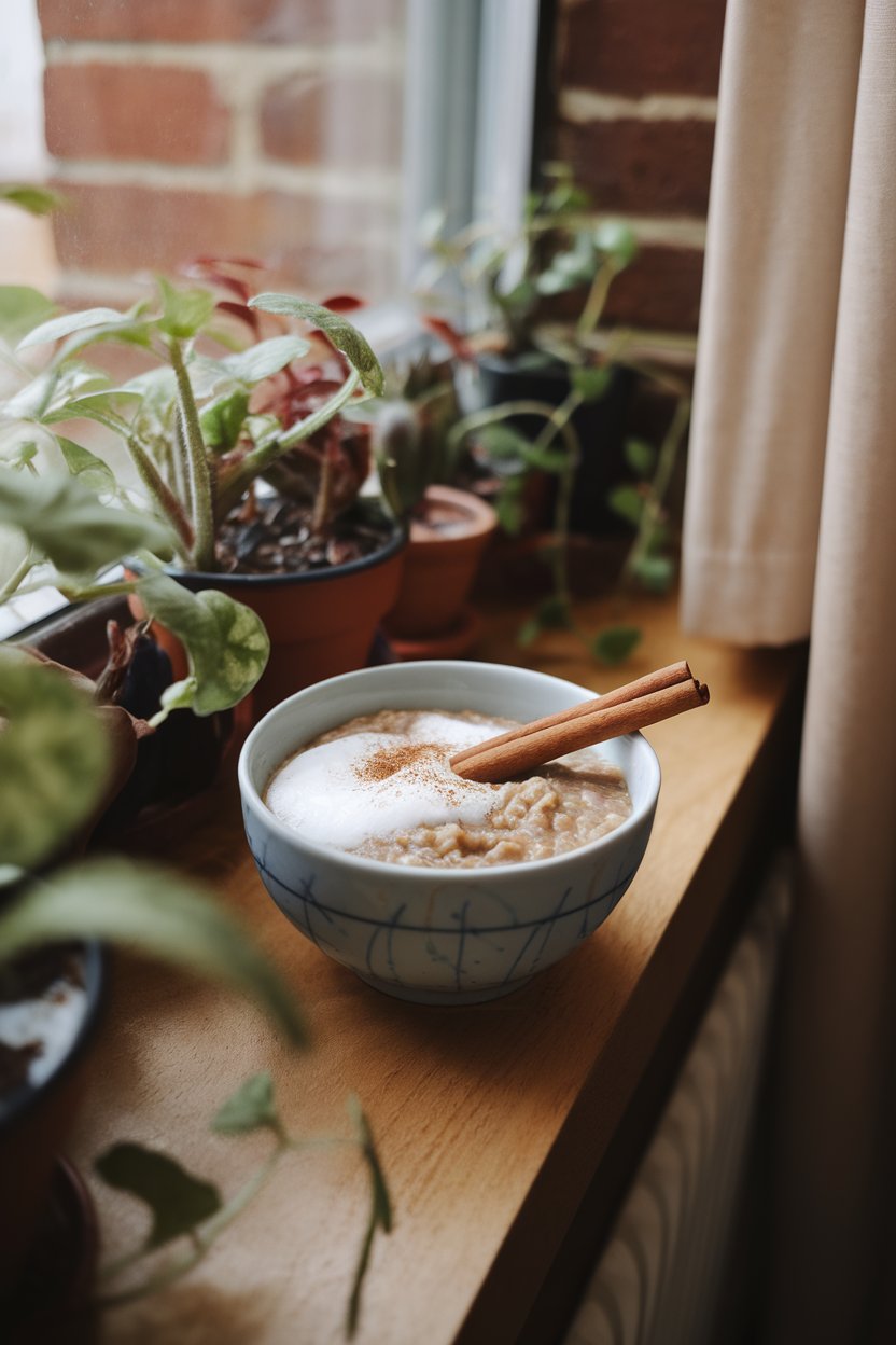 Indoor windowsill scene with a bowl of chai oatmeal topped with frothed milk and a cinnamon stick resting beside it. No text or logos anywhere. Photo.