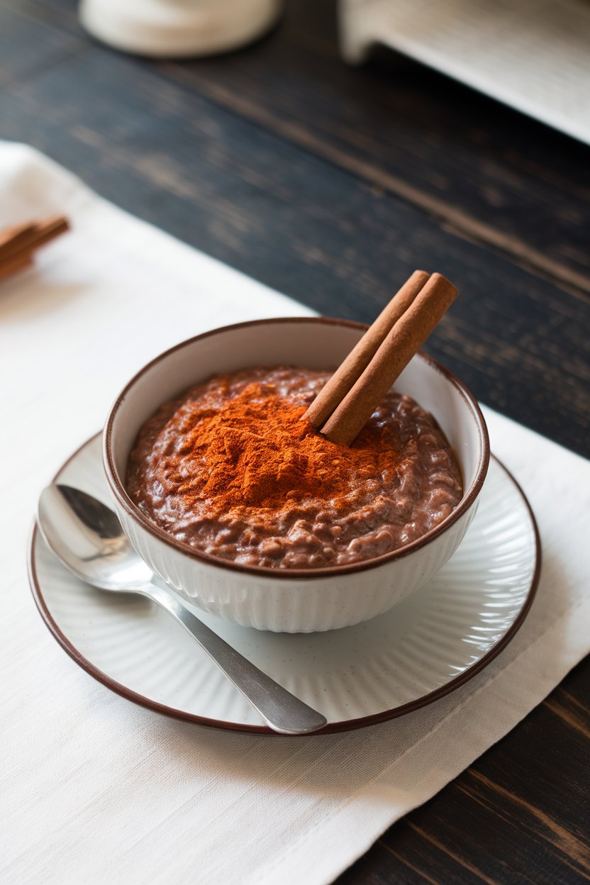 Indoor dark wood table with a bowl of chocolate oatmeal dusted with chili powder and topped with cinnamon sticks. No text or logos. Photo.