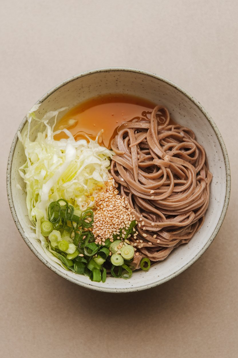Indoor bowl with buckwheat soba noodles, shredded cabbage, scallions, and sesame seeds drizzled with miso dressing; neutral backdrop, no text or logos.