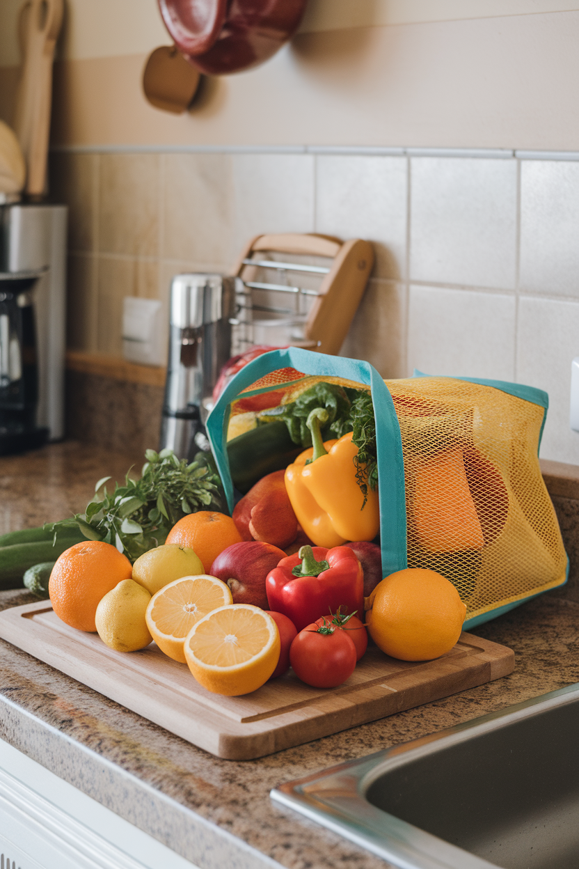 Photo of an indoor kitchen counter where a reusable grocery bag spills out colorful fruits and vegetables, no text or logos.