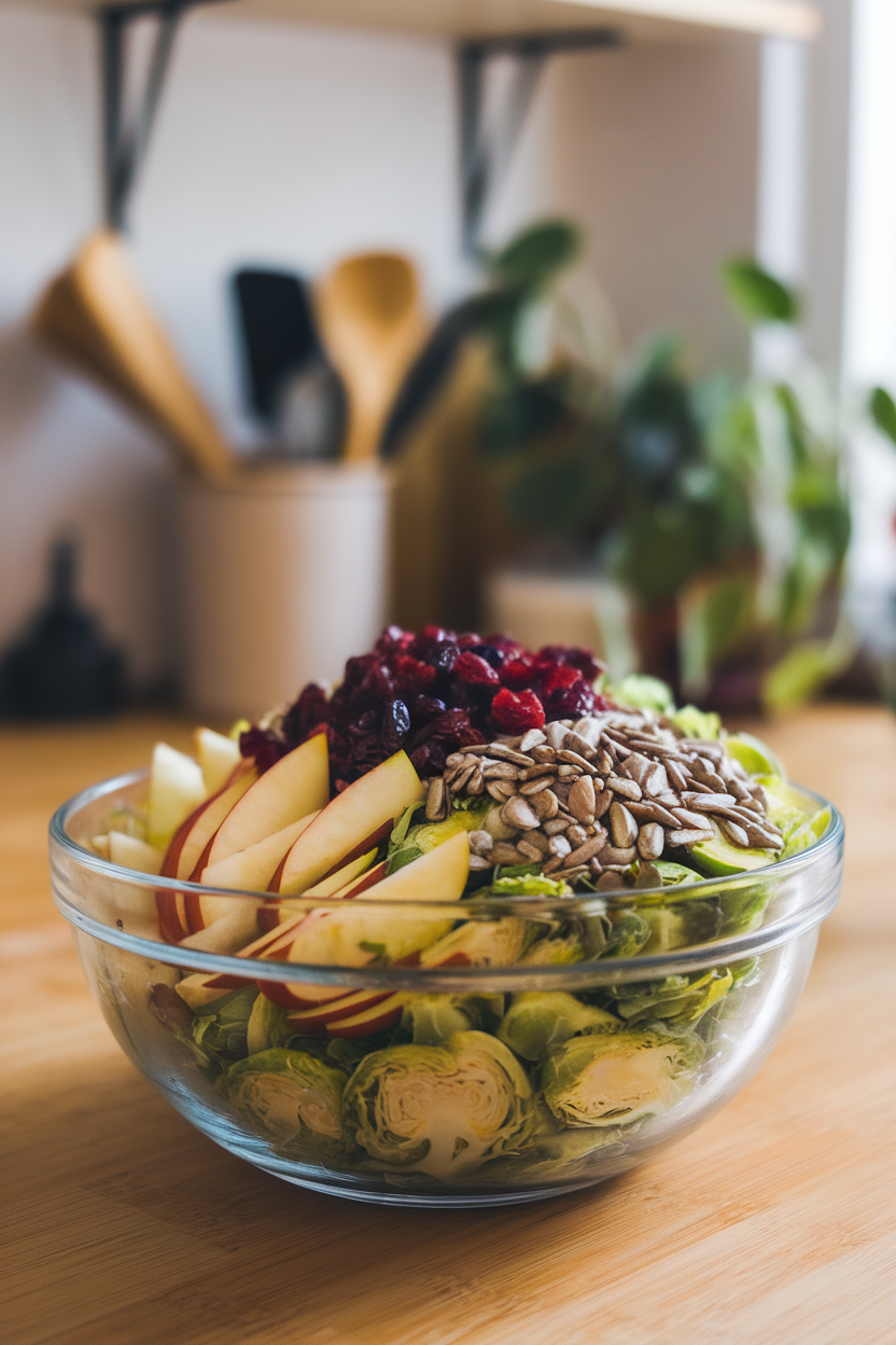 Photo of an indoor kitchen table with a mixing bowl of thinly shaved Brussels sprouts, julienned apples, dried cranberries, and sunflower seeds, lightly dressed. No text or logos.