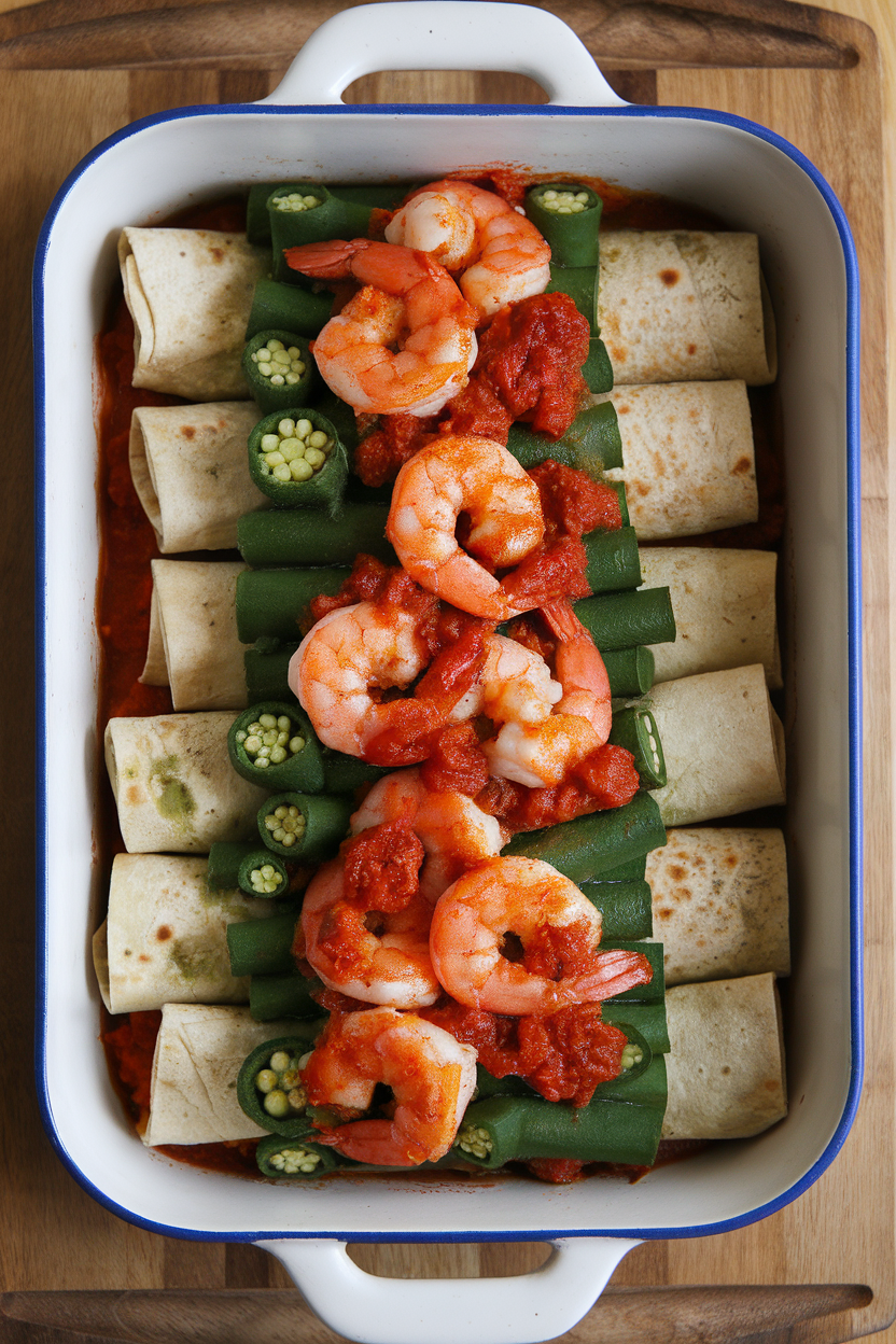 Indoor casserole filled with cooked Cajun-spiced shrimp and sliced okra in tortillas, topped with light tomato sauce, no text or logos.