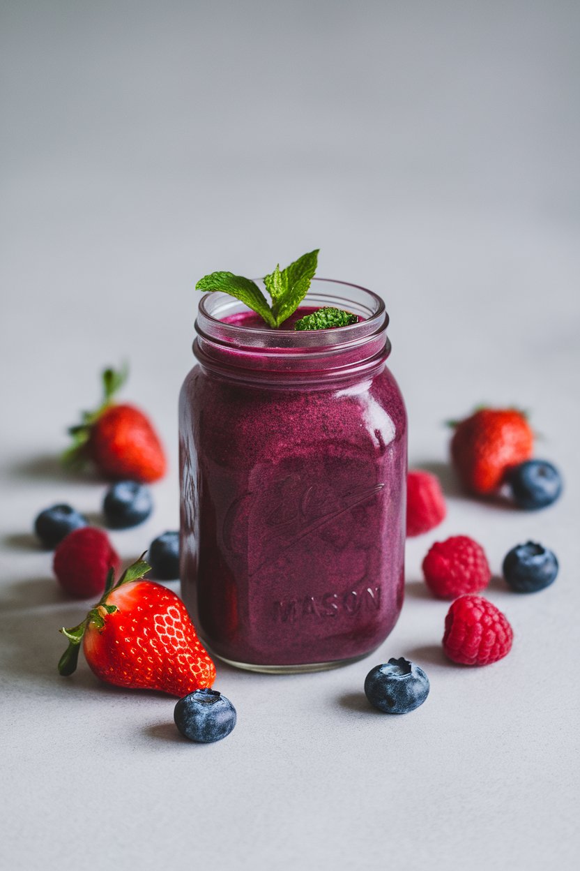 Indoor mason jar with deep magenta smoothie and scattered berries around; neutral background, no text or logos.
