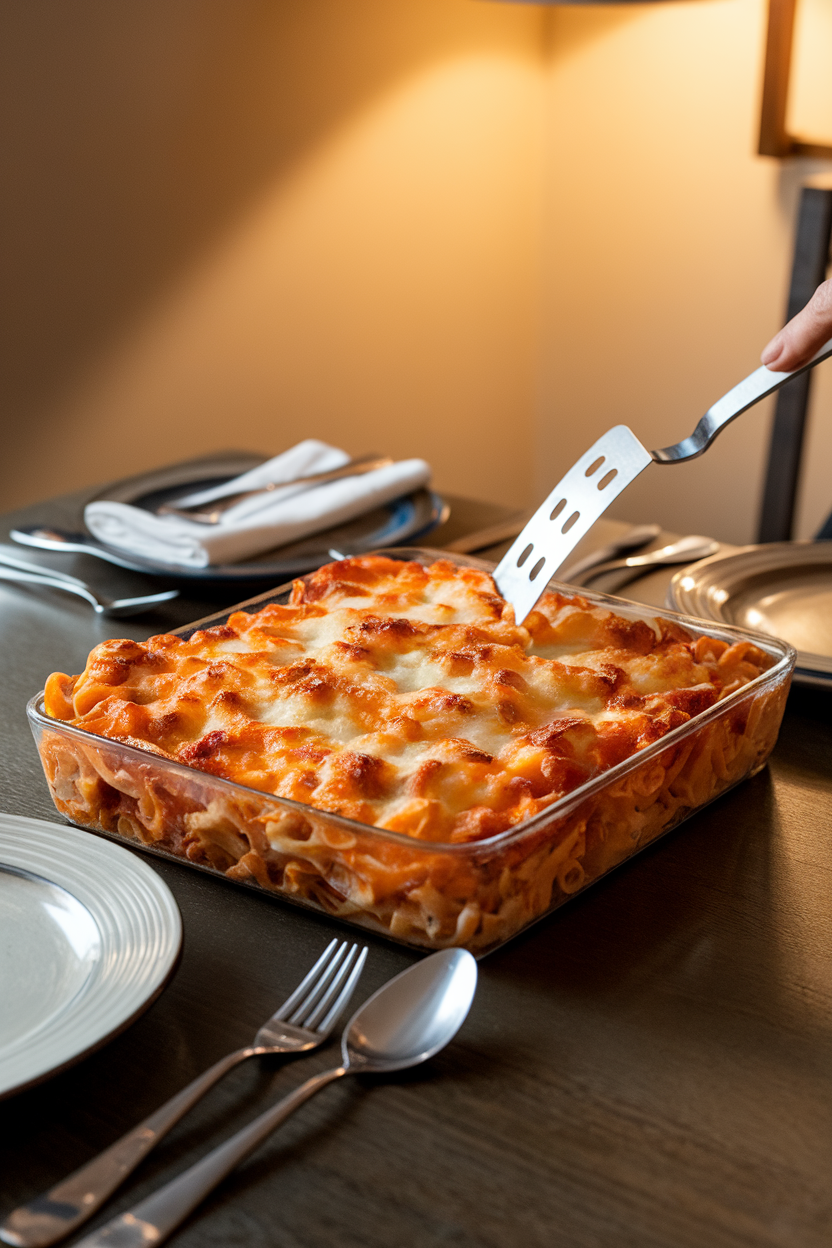 Indoor dinner table with a rectangular casserole of baked fettuccine Alfredo, cheese browned on top, a spatula poised to serve. No text or logos. Photo only.