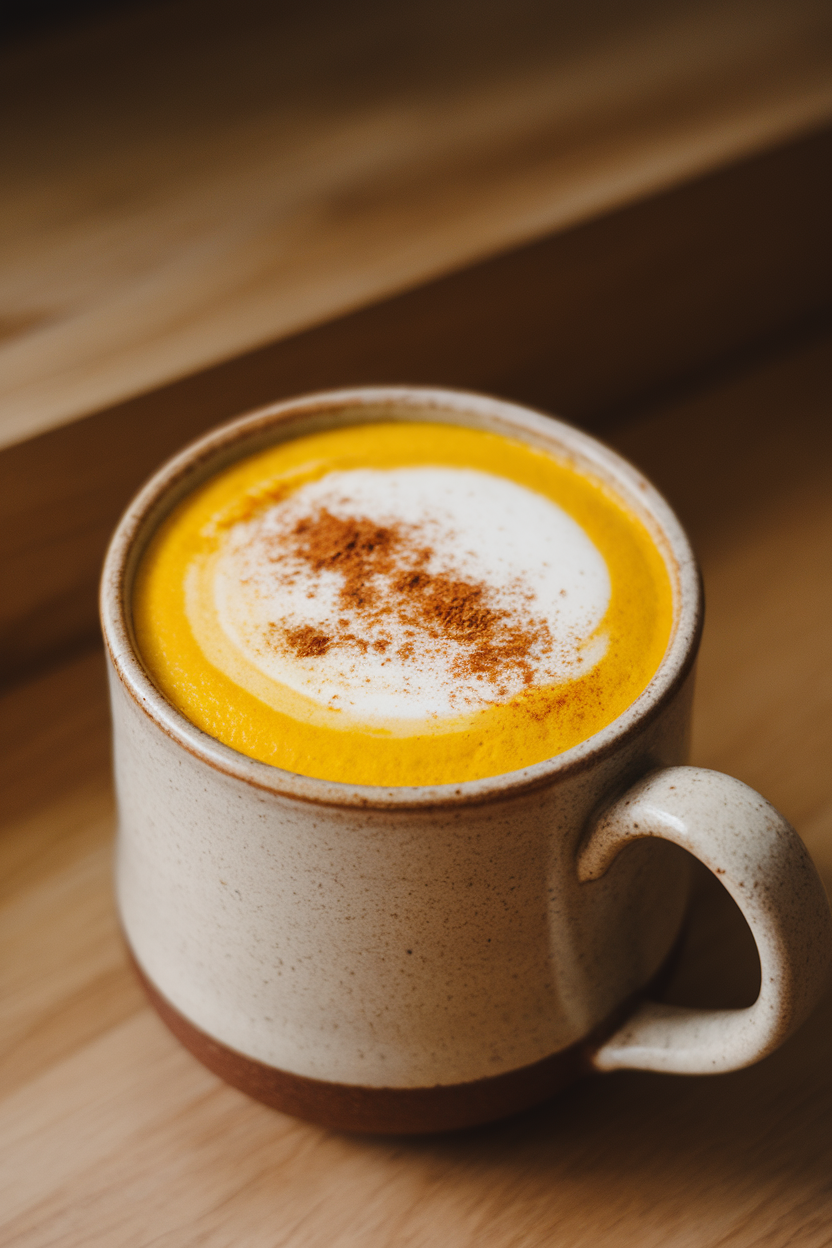 Photo of a bright yellow turmeric latte in a ceramic mug, cinnamon dusted on foam, taken indoors. No text or logos.