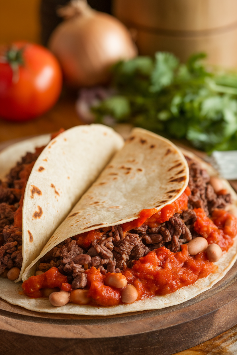 Photo of whole-wheat tortillas packed with cooked ground bison and pinto beans, covered with a tomato-chile sauce, shot indoors, no logos.