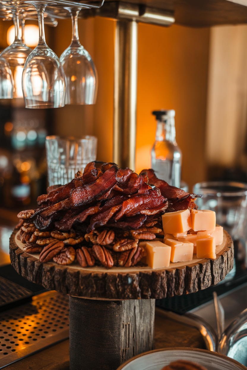 Indoor bar setting with a board piled high with bourbon-glazed bacon strips, smoked gouda cubes, and pecan halves; warm lighting, no logos