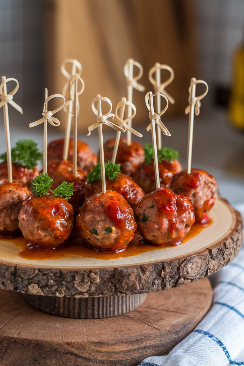 Photo of an indoor platter holding wooden picks skewering cocktail meatballs glazed in cranberry-chili sauce, garnished with parsley. No text or logos present.