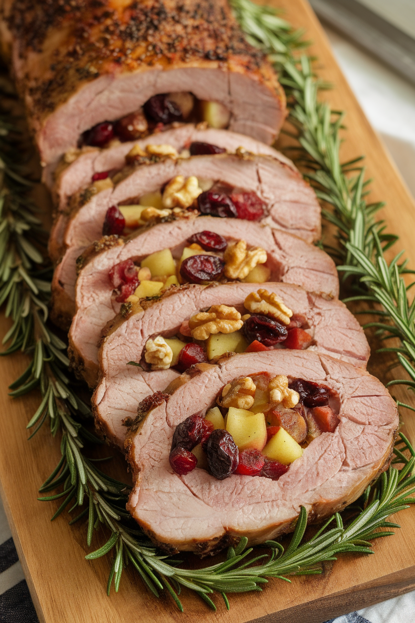 An indoor platter featuring stuffed pork loin slices, fruity filling visible, photo, no text or logos.