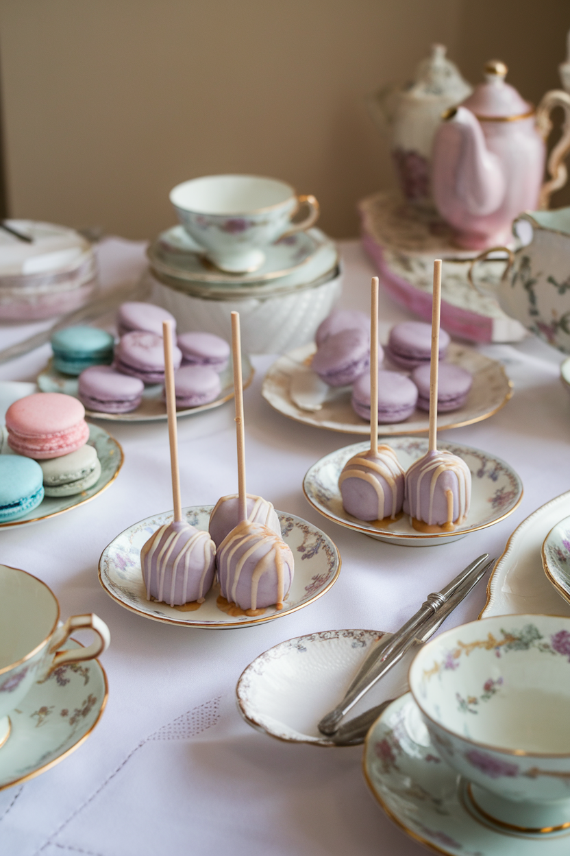 Photo, not illustration. Indoor pastel-themed tea table. Pale lavender cake pops drizzled with light honey glaze, on a china saucer. No text or logos.