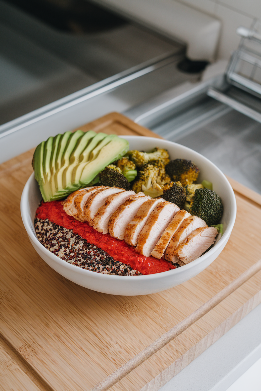 A modern indoor countertop bowl layered with tricolored quinoa, sliced grilled chicken, roasted broccoli, and avocado fan. No text or logos present. Photo only.