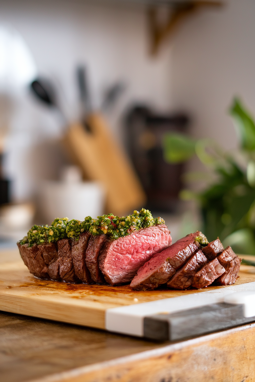 Indoor cutting board holding sliced medium-rare steak topped with green chimichurri sauce. No text or logos. Photo, not illustration.