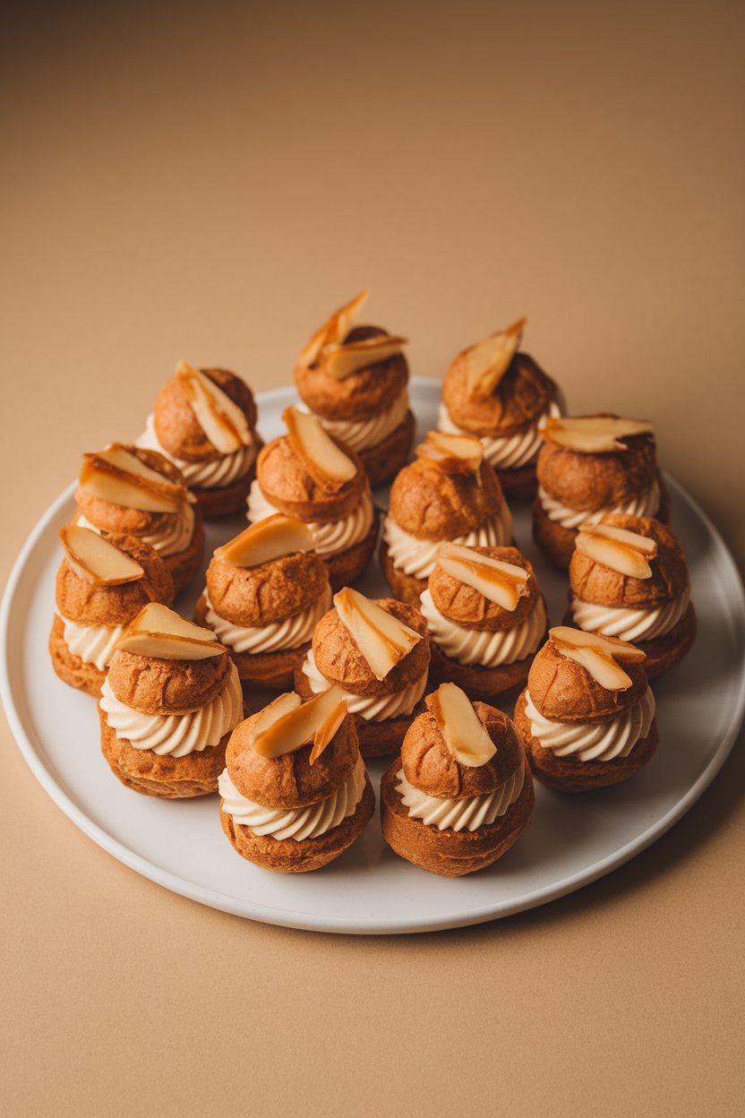 Indoor photo of small profiteroles filled with hazelnut cream and drizzled with caramelized nut shards, no text or logos