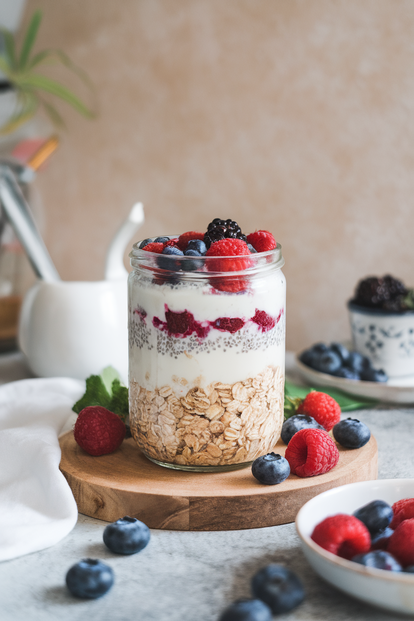 Photo of a glass jar filled with layered oats, almond milk, chia seeds, and mixed berries on an indoor breakfast table, no text or logos