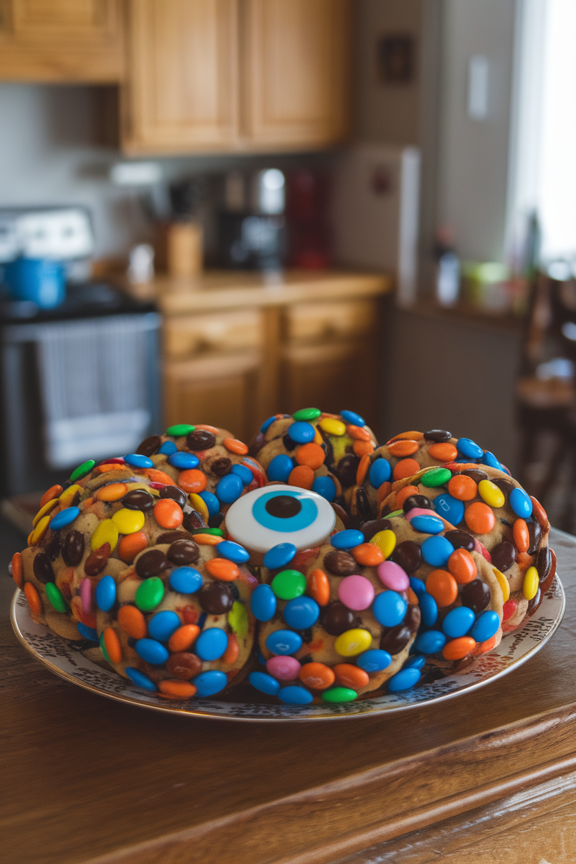 A plate of thick, colorful cookies loaded with M&Ms and candy eyes, indoor kitchen setting, no text or logos.
