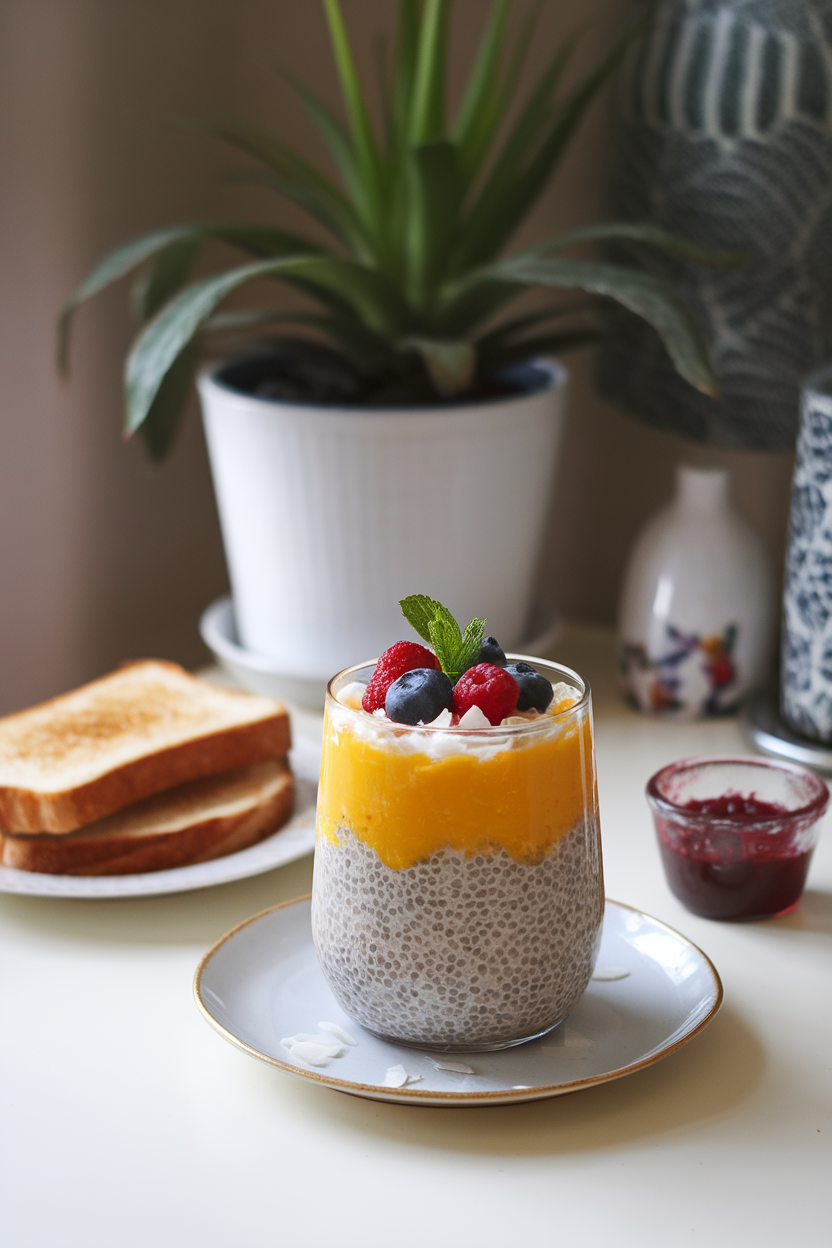 Indoor morning scene with a chia pudding parfait layered with mango puree and coconut flakes, no text or logos. Photo.