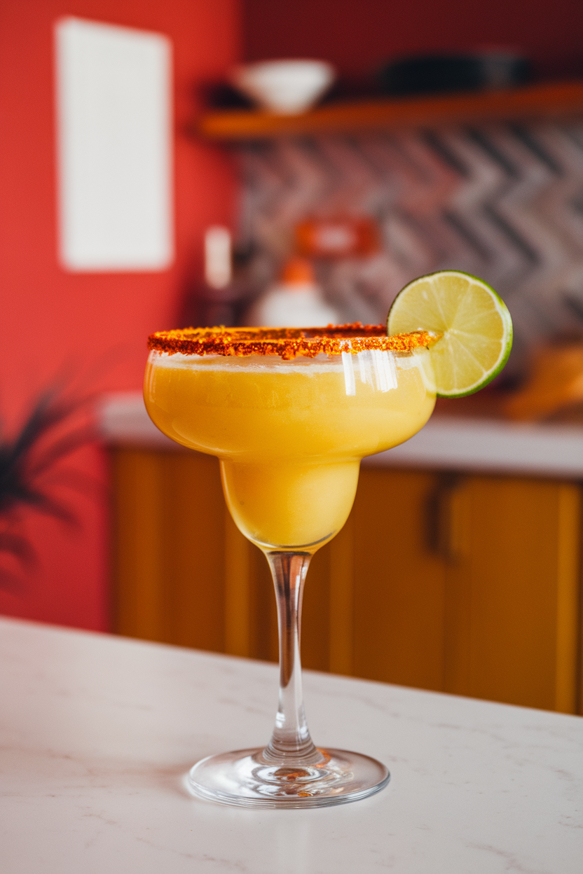 Indoor photo of a margarita glass with bright yellow mango mocktail, chili-lime rim and a lime wheel; vibrant kitchen setting; no text or logos.