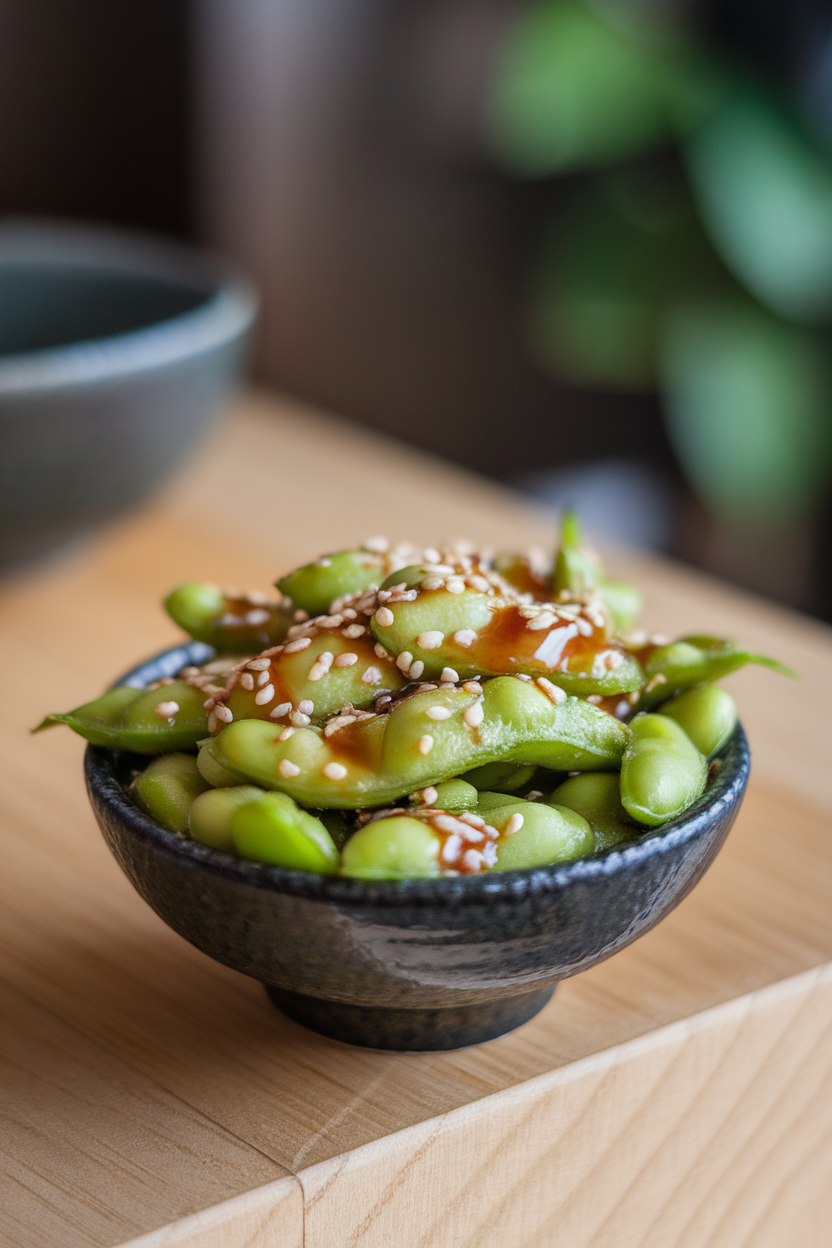 Indoor photo of a small black bowl filled with steamed shelled edamame tossed in sesame seeds and glossy ginger-soy glaze. Overhead warm light, no branding in view.