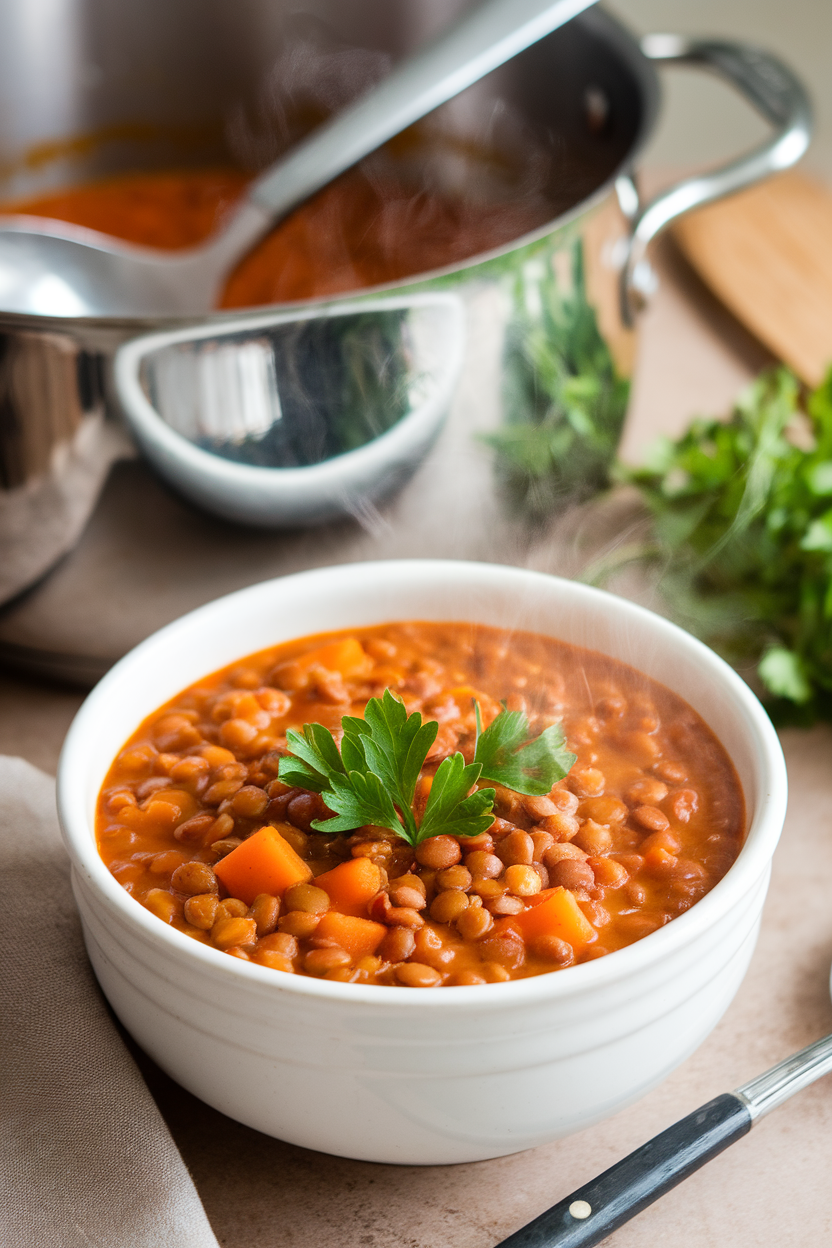 An indoor photo of a steaming bowl of lentil and sweet potato soup garnished with parsley, ladle resting in a pot behind it. No text or logos.