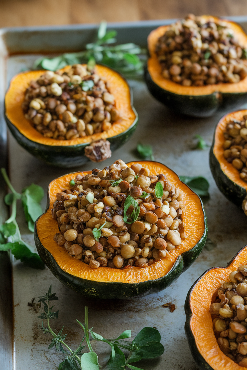 Halved roasted acorn squash stuffed with a lentil-walnut mixture, arranged on an indoor baking sheet, herbs scattered around. Photo, no text or logos.