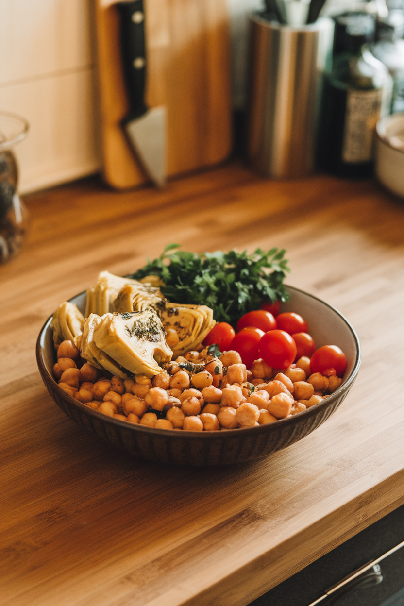 Photo of an indoor kitchen table showing a bowl of chickpeas, marinated artichoke hearts, cherry tomatoes, and parsley, sprinkled with oregano. No text or logos.