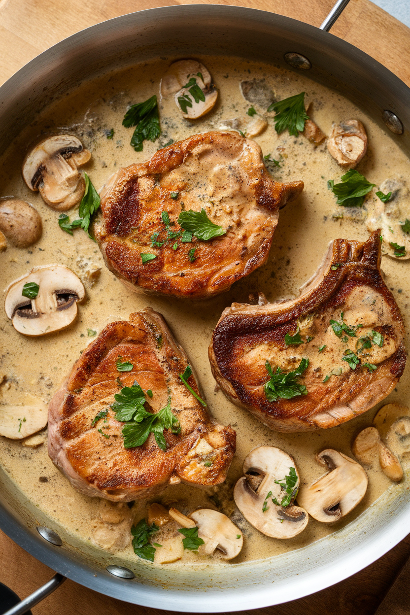 Indoor skillet with seared pork chops in a creamy garlic mushroom sauce, parsley garnish. No text or logos. Photo, not illustration.