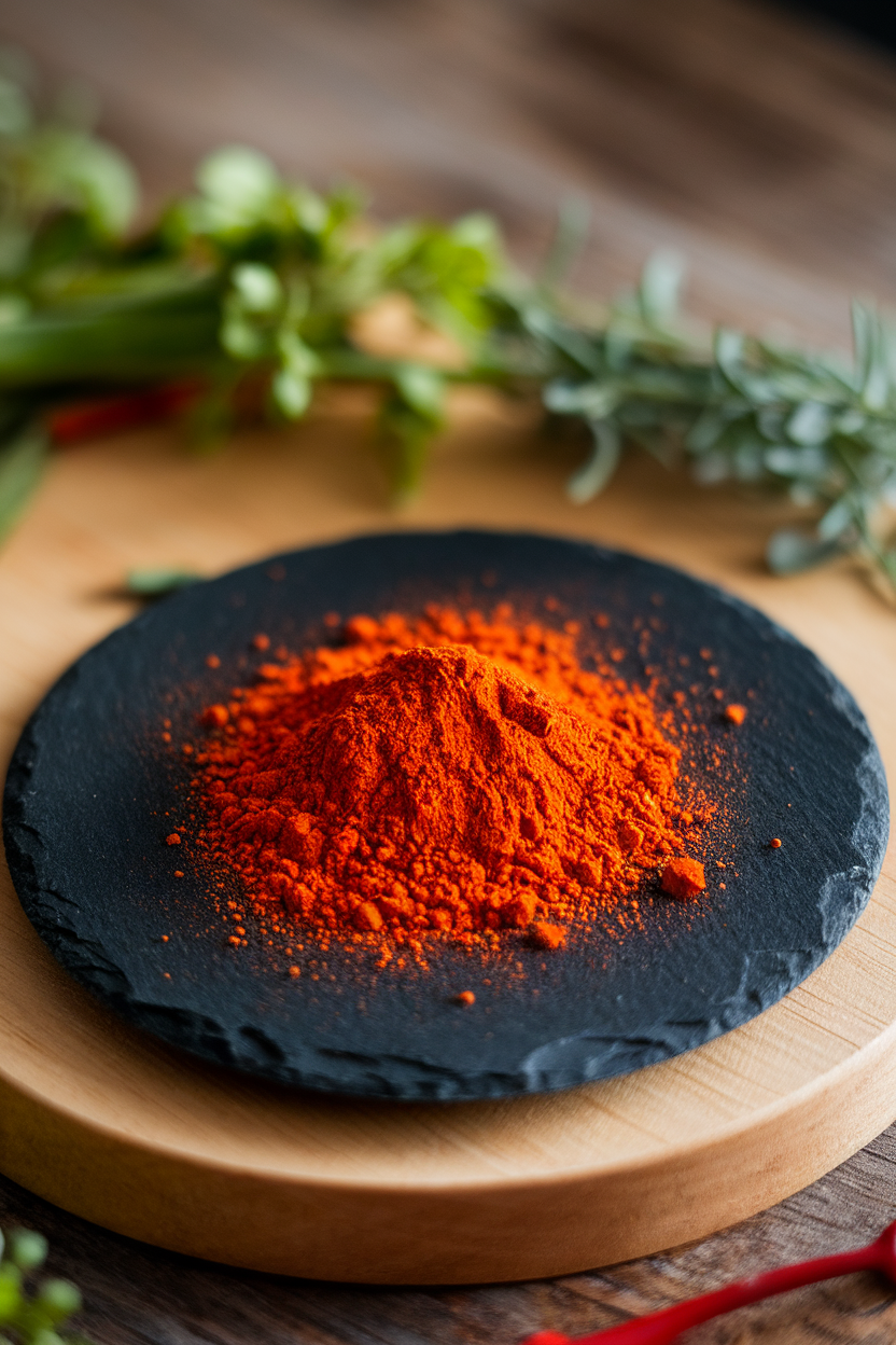 Indoor photo of bright red smoked paprika dusted onto a small slate saucer; no text or logos