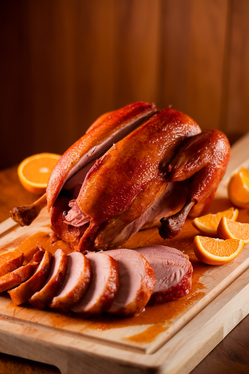 Indoor carving board displaying sliced roasted duck with crisp skin, glazed in orange sauce, orange segments scattered nearby. No text or logos. Photo only.