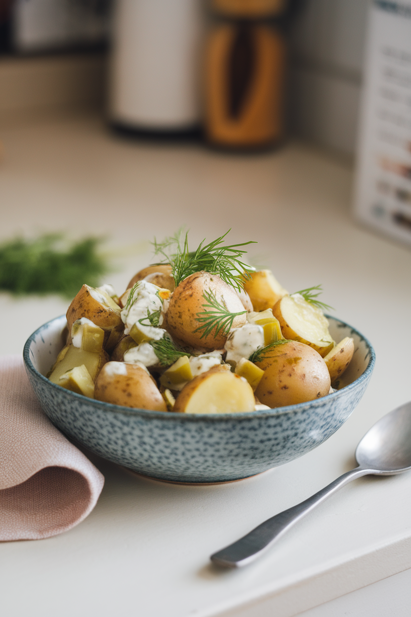 Photo of an indoor countertop setting featuring a bowl of baby potato halves tossed with chopped dill pickles, fresh dill, and a tangy yogurt-mustard dressing. No text or logos.
