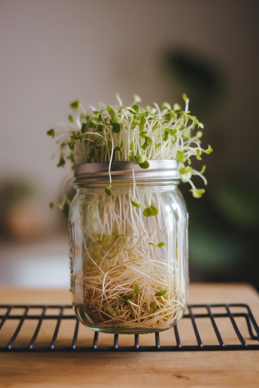 Mason jar of fresh alfalfa sprouts draining on a rack, indoor photo, no text or logos