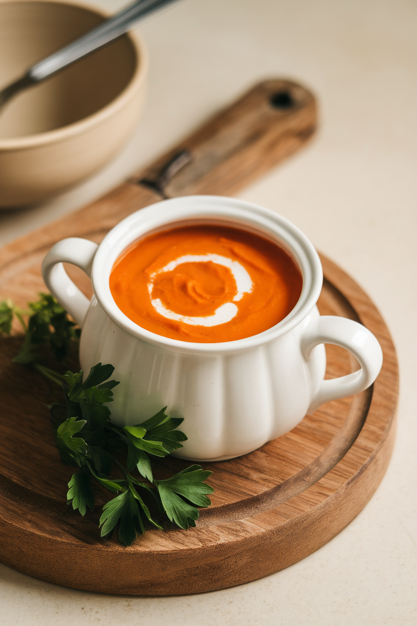Photo of vibrant orange carrot soup in a small soup tureen, swirl of coconut cream on top, indoors. No text or logos.