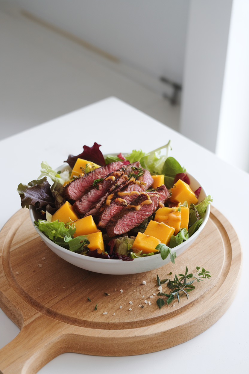 A bright indoor setting with a bowl of mixed greens, grilled steak strips, and mango cubes drizzled with citrus vinaigrette. No logos; photo only.