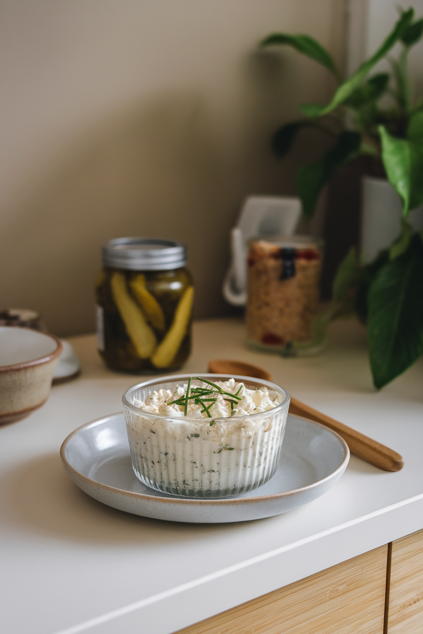 Photo, indoor counter with a glass ramekin of cottage cheese sprinkled with chives, neutral backdrop, no logos.