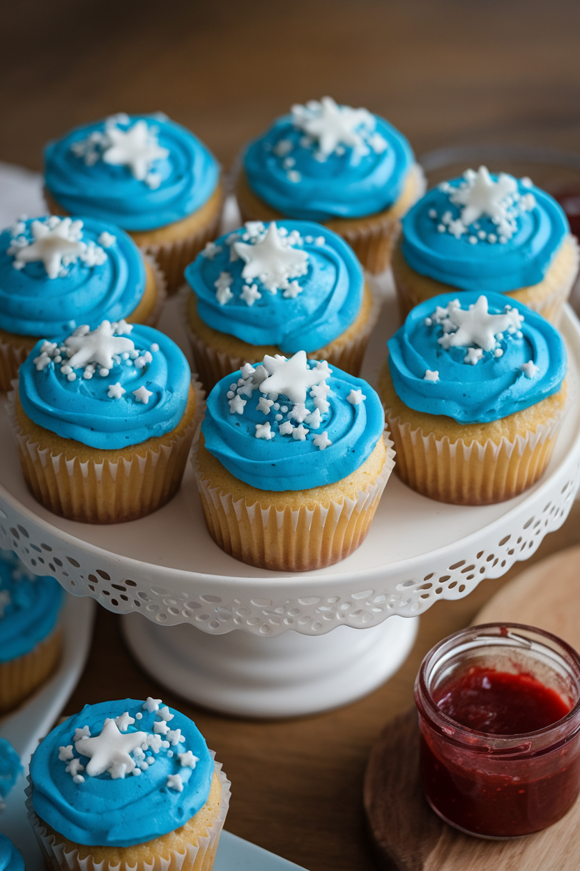 Indoor cupcake stand holding vanilla cupcakes filled with strawberry jam, frosted blue buttercream, and white star sprinkles. No text or logos.