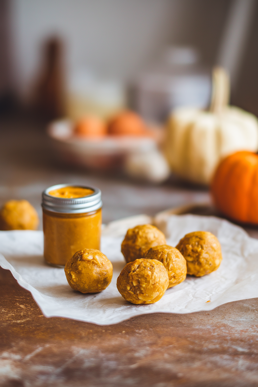 Photo of a rustic indoor counter with pumpkin-colored energy balls on parchment, a miniature jar of pumpkin purée nearby. No text or logos.