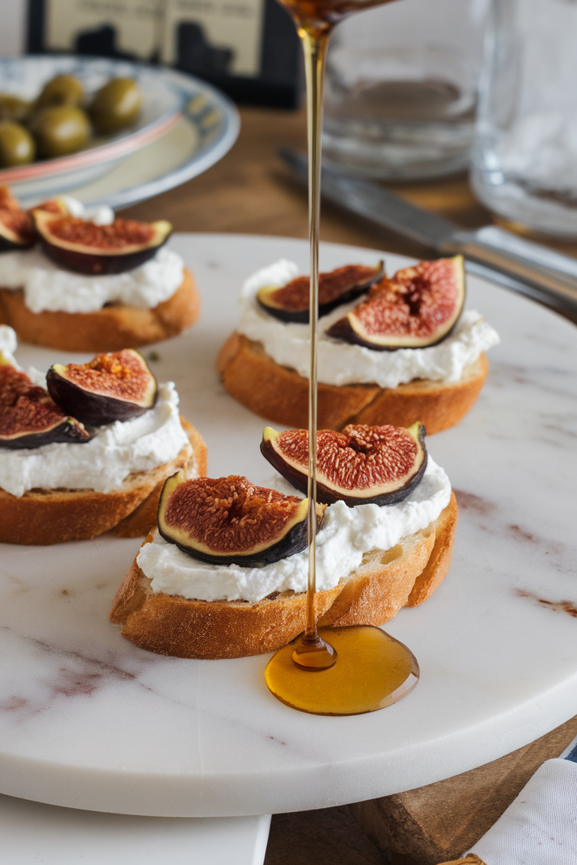 Photo of an indoor marble board with toasted crostini layered with whipped goat cheese and sliced dried figs, drizzle of honey shining; no text or logos.