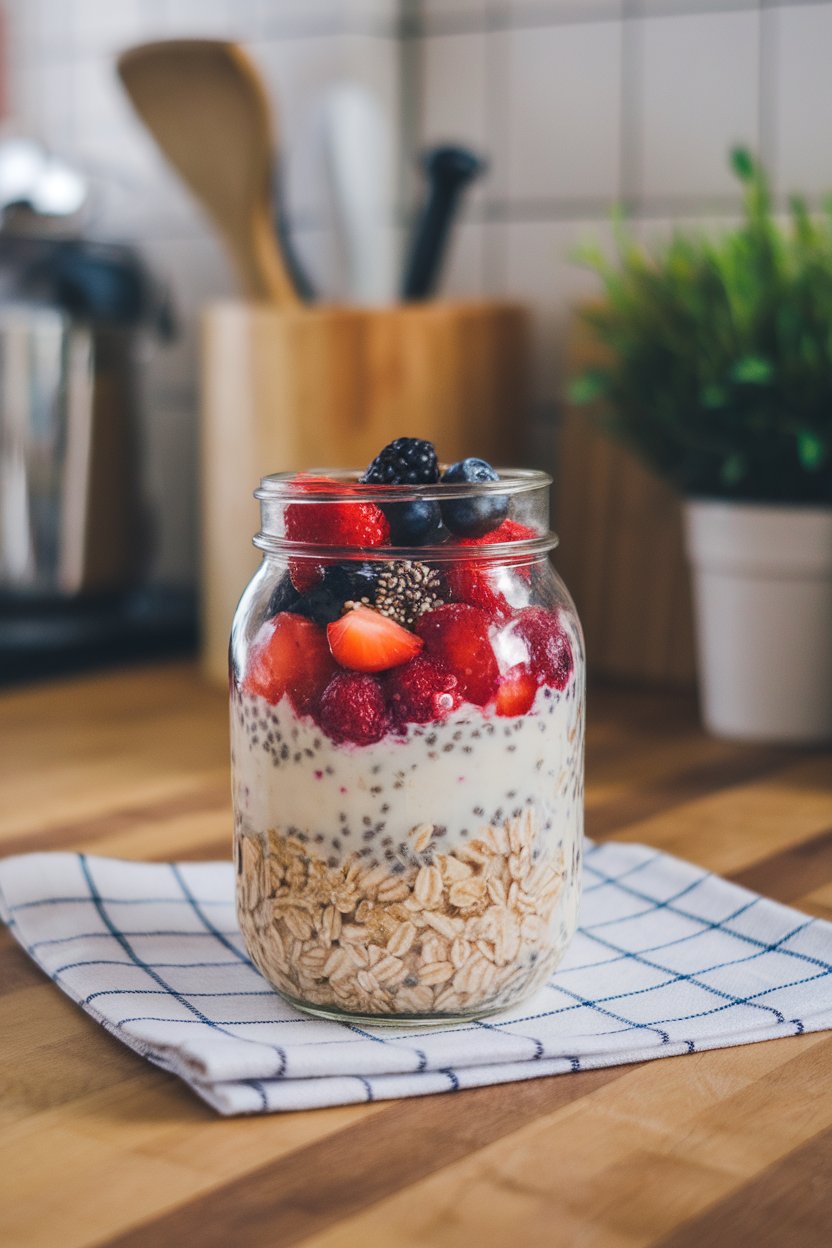 A mason jar on an indoor countertop layered with creamy oats, mixed berries, and a sprinkle of chia seeds, shot from a slight side angle. No visible text or logos.