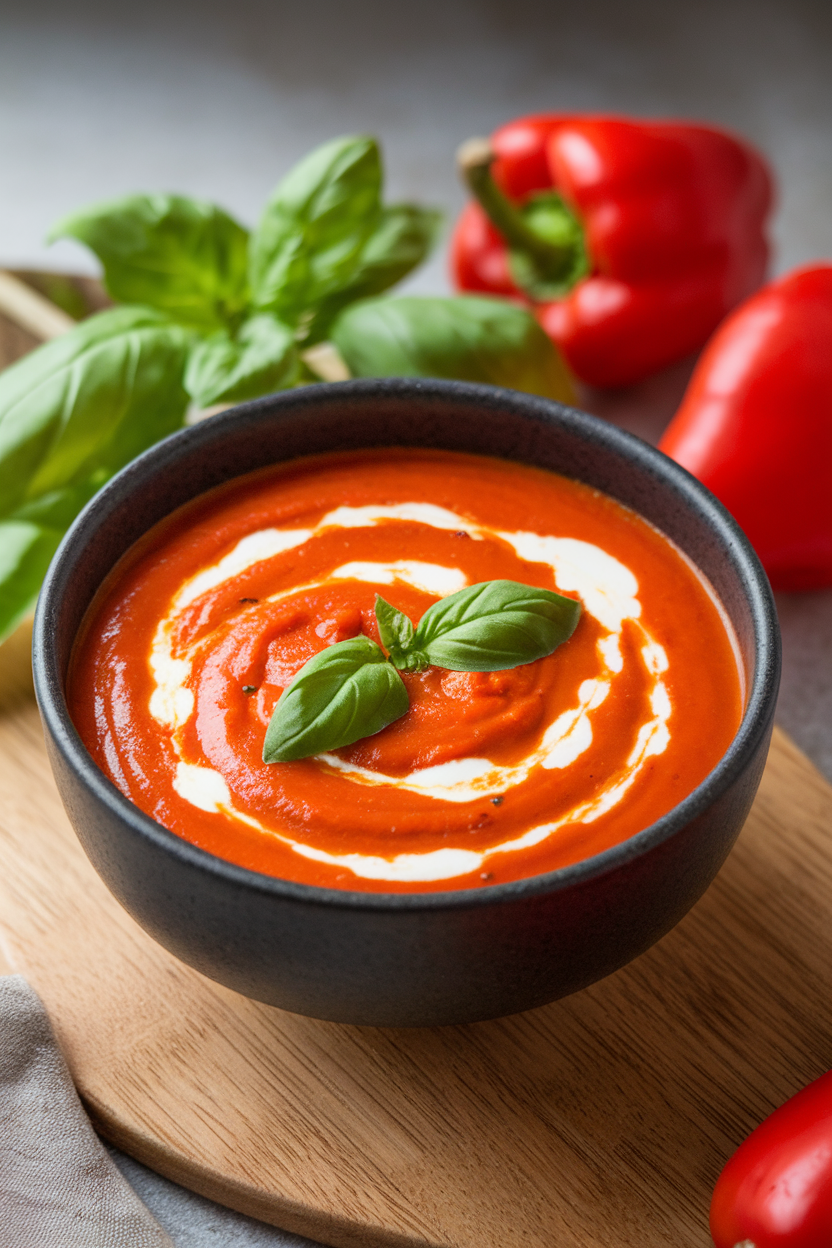 Indoor soup bowl filled with smooth red pepper soup, swirled with coconut cream and topped with basil. No text or logos. Photo, not illustration.