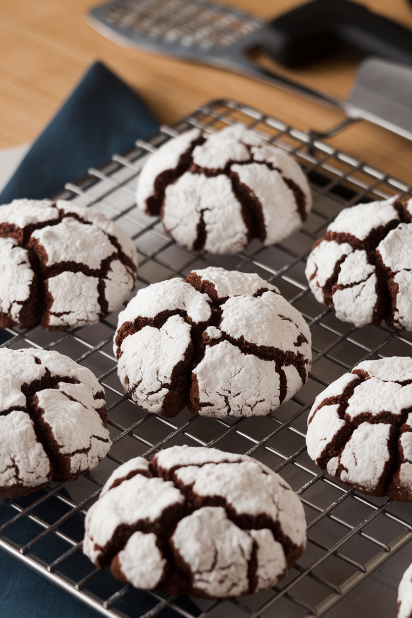A cooling rack indoors holding chocolate crinkle cookies coated in powdered sugar, cracks revealing fudgy centers; no text or logos. Photo, not illustration.