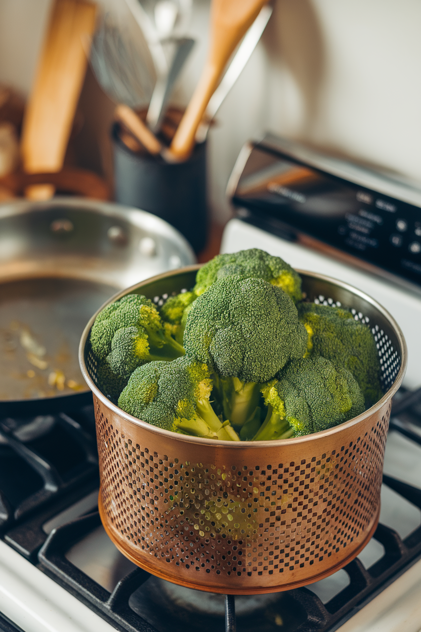 Indoor stovetop with a steamer basket of vibrant broccoli and a pan with minimal oil—photo.