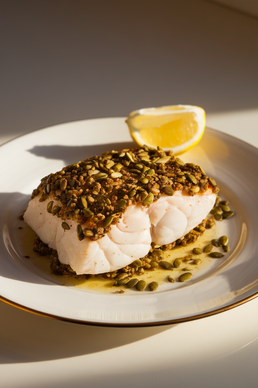 Cooked cod fillet with crunchy green pumpkin seed crust on a white plate, lemon wedge on side, indoor lighting, no text or logos.