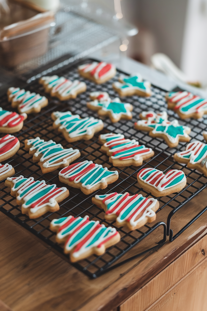 Indoor cooling rack lined with holiday-shaped sugar cookies covered in colorful glaze, no text or logos. Photo only.