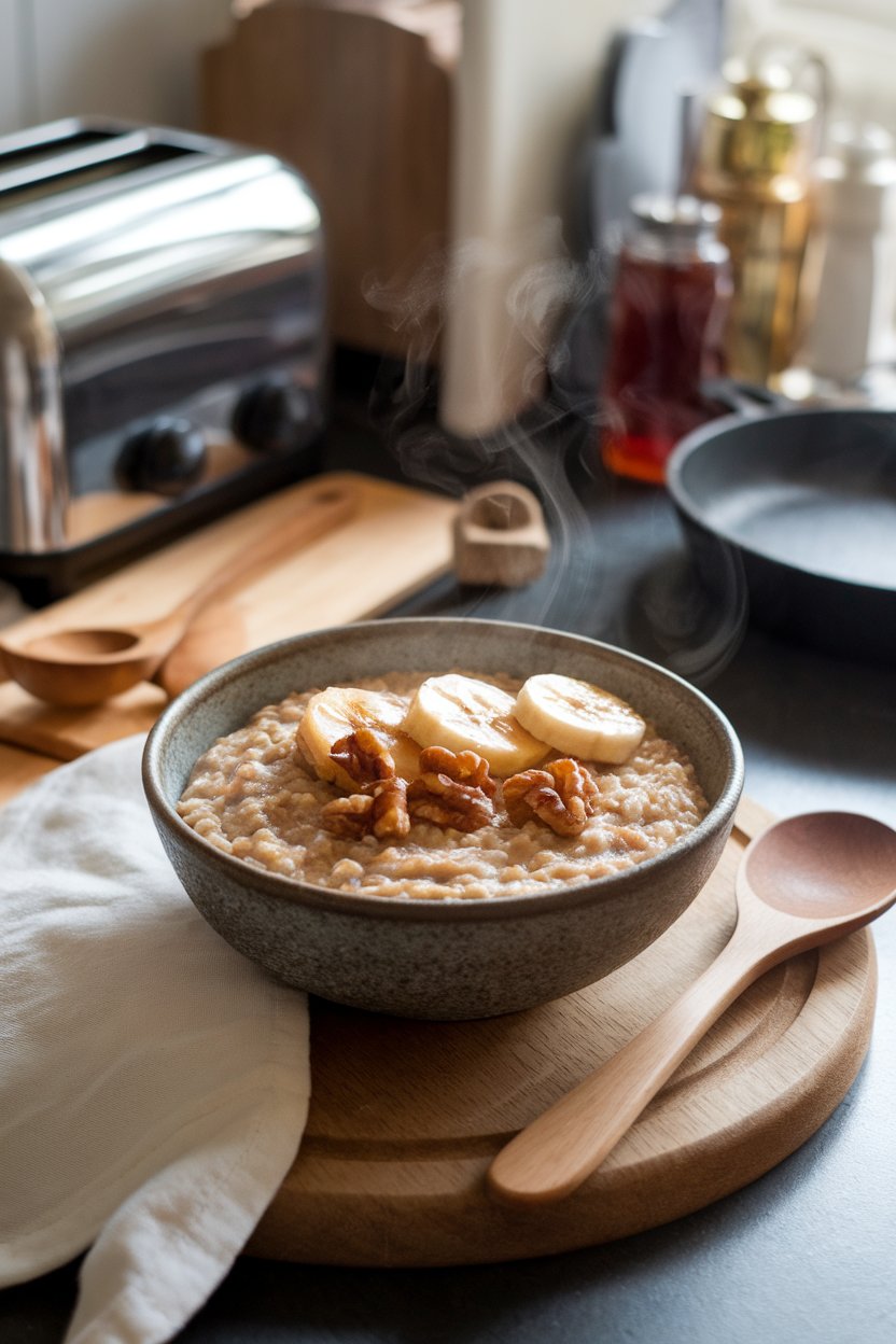 An indoor kitchen counter with a rustic bowl of thick steel-cut oatmeal topped with caramelized banana slices, toasted walnuts, and a drizzle of honey. Steam visible, no text or logos. Photo.