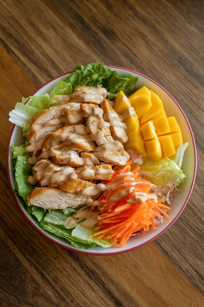 An indoor tabletop displaying a colorful bowl of chopped romaine, cooked chicken strips, mango slices, shredded carrots, and a light peanut dressing — no logos