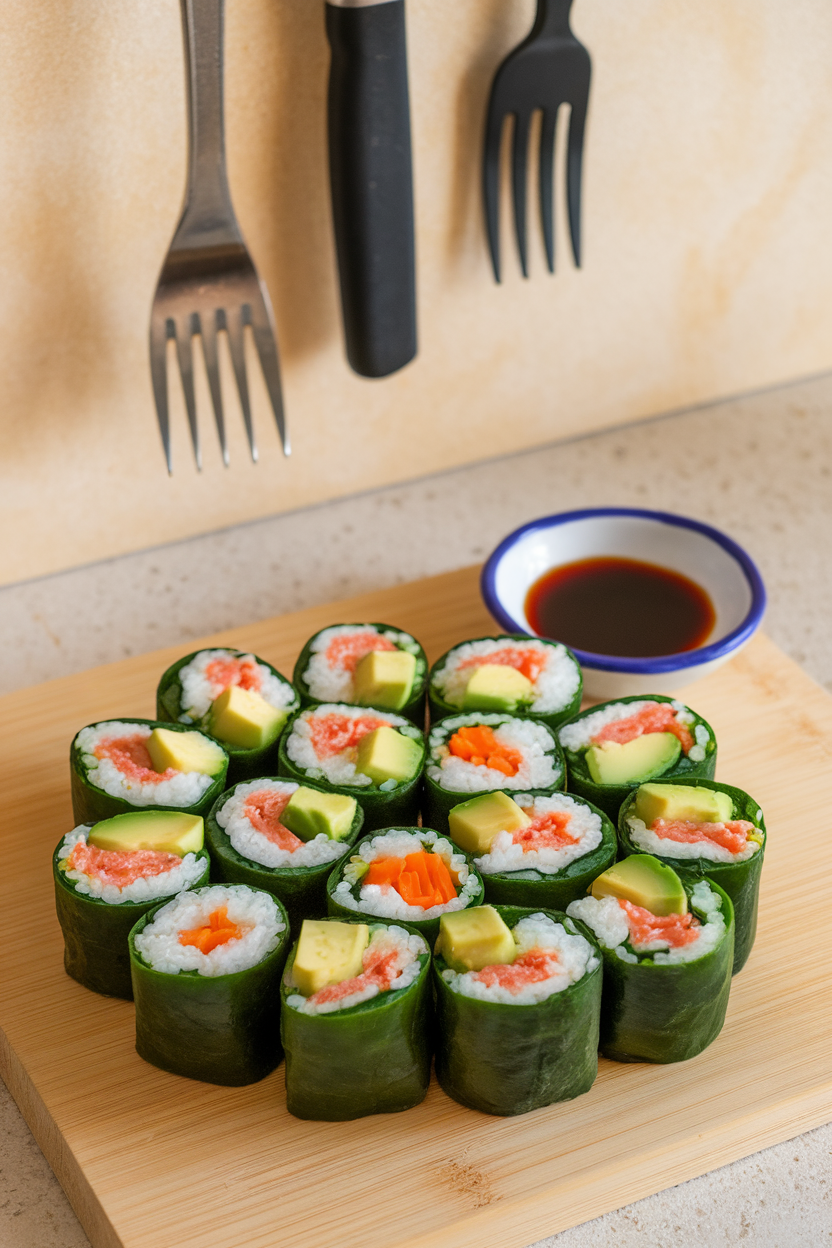 Indoor cutting board displaying cucumber rolls filled with avocado, crab meat, and carrot sticks, served with soy sauce. No text or logos. Photo, not illustration.