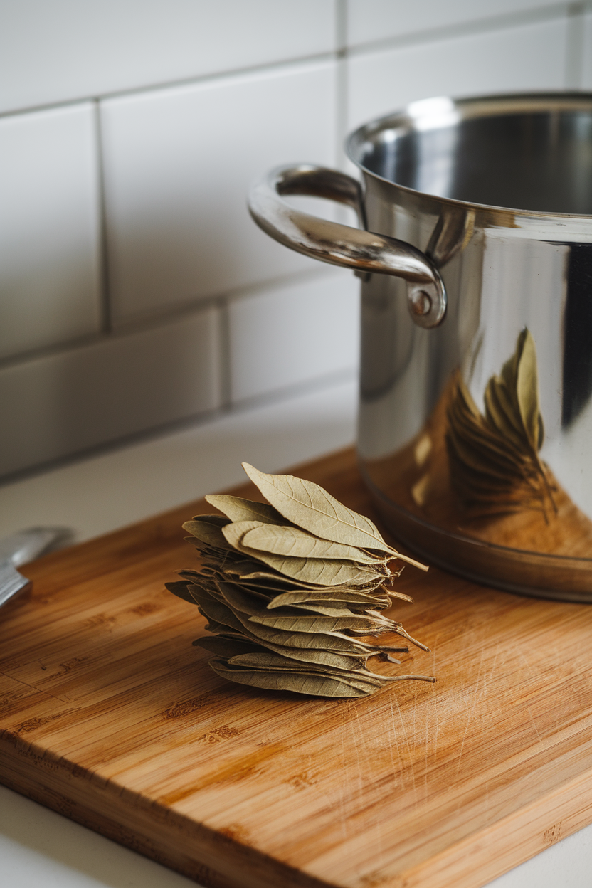 Indoor photo of a small stack of dried bay leaves on a cutting board beside a soup pot; no text or logos