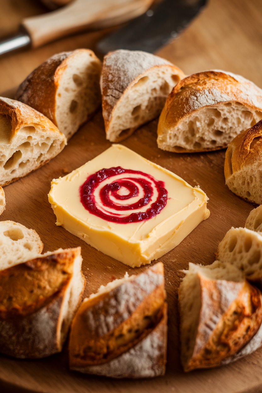 Indoor close-up of softened butter spread over a wooden board, cranberry sauce swirled decoratively, surrounded by sliced baguette; no logos