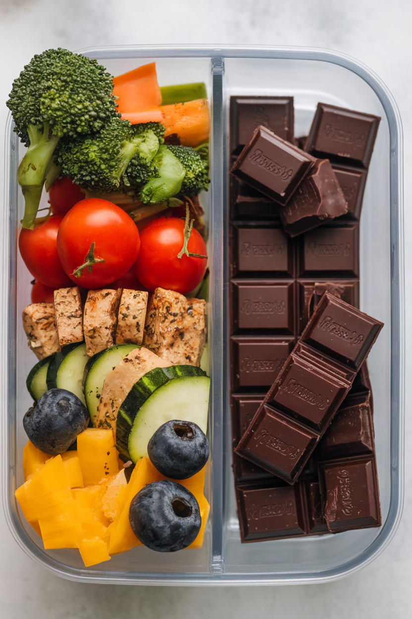 A divided indoor meal prep container showing 80% colorful vegetables and lean protein, 20% dark chocolate squares in a corner; no text or logos; photo